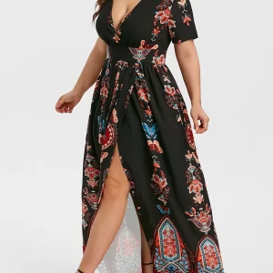 Fashion Women Plus Size Dress Print Surplice Slit Dress