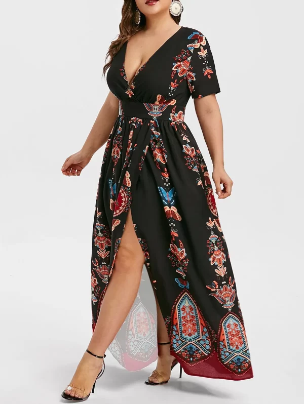 Fashion Women Plus Size Dress Print Surplice Slit Dress