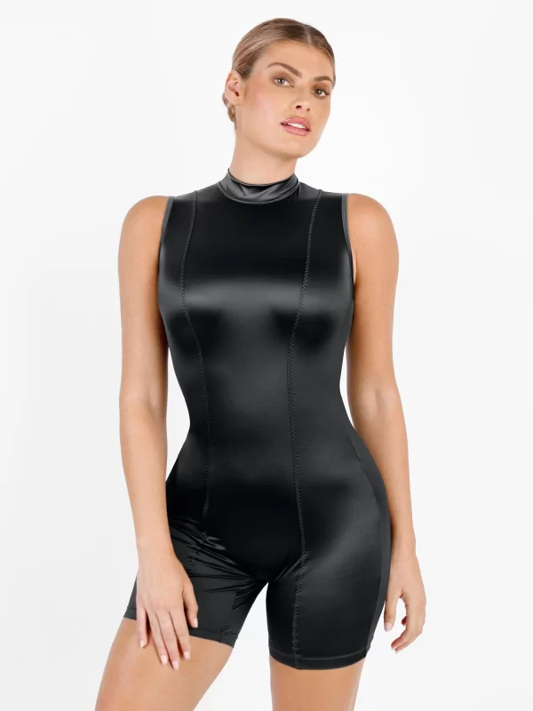 Metallic Shiny One Piece Shapewear Mock-Neck Romper