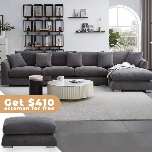 Gray 110 feathers chaise sectional (free ottoman)