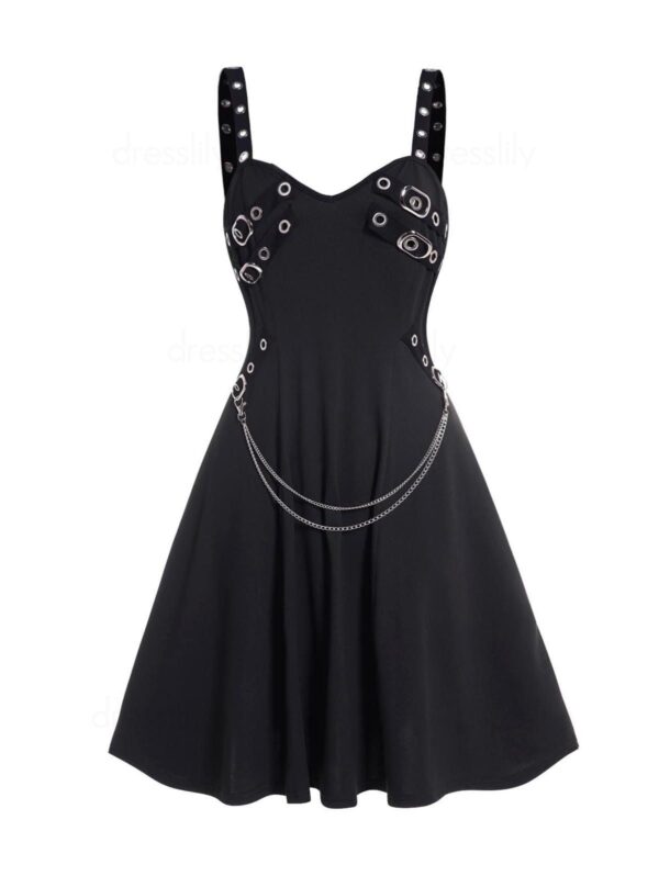 Plain Color Dress Grommet Buckle Chain Embellishment High Waisted Sleeveless a Line Midi Dress